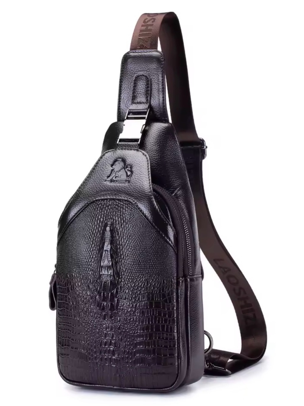 Genuine leather Vintage Black Croc-Effect Sling Belt Bag